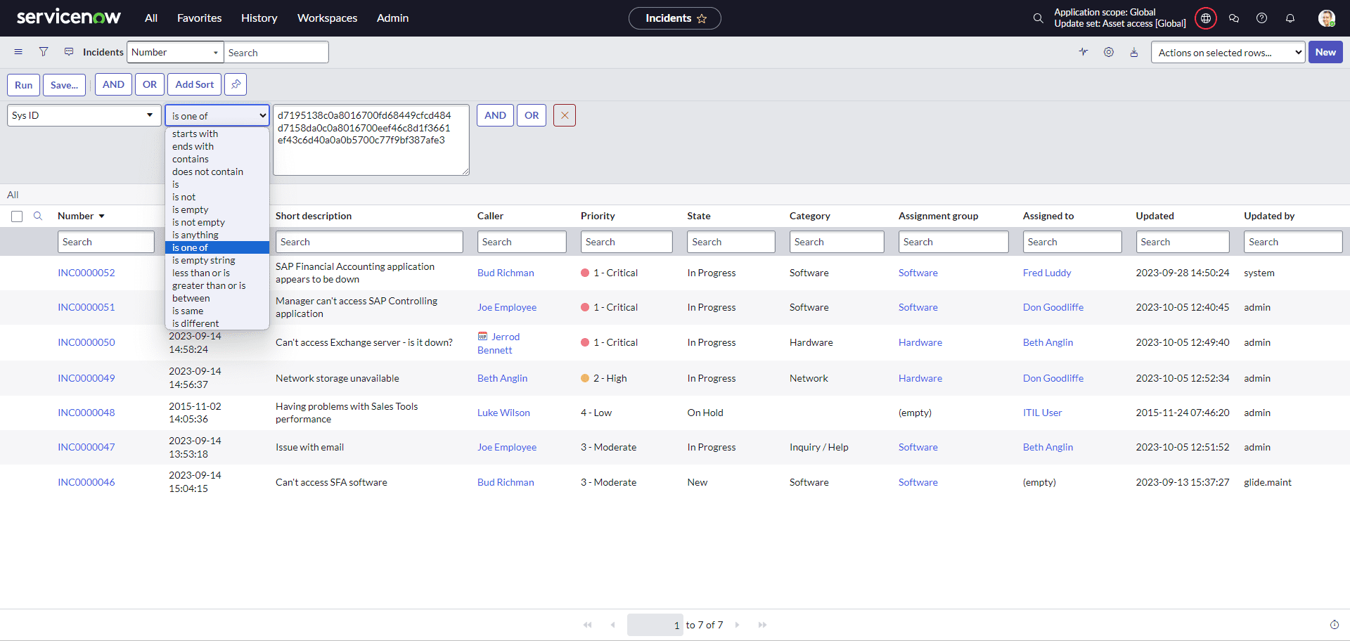 Incident's list without any filter applied