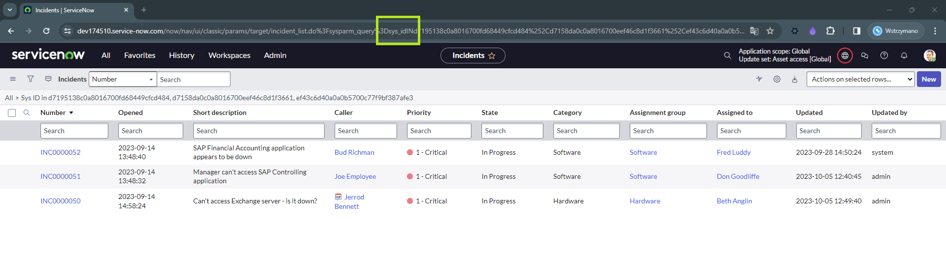 Incident's list with applied 'is one of' filter