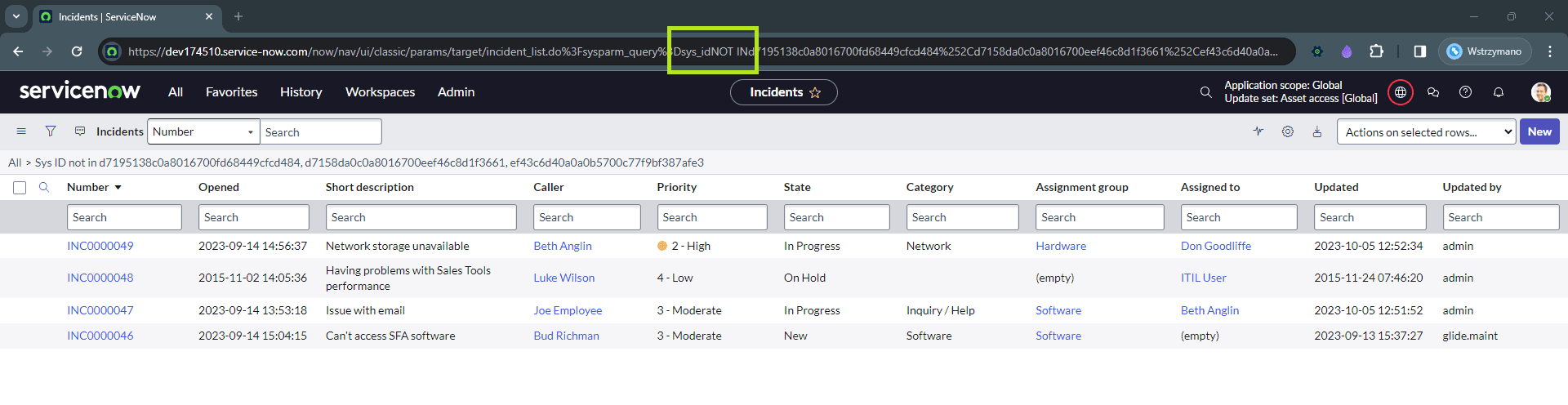 Incident's list with applied 'is not one of' filter