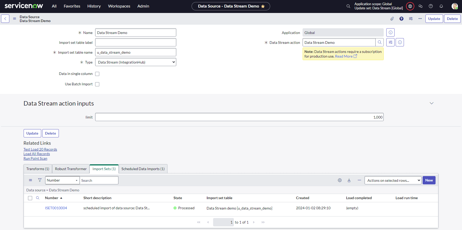 Data Source with the Setup in ServiceNow