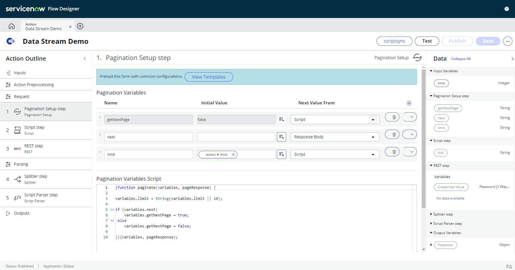 Data Stream as a Flow action in ServiceNow