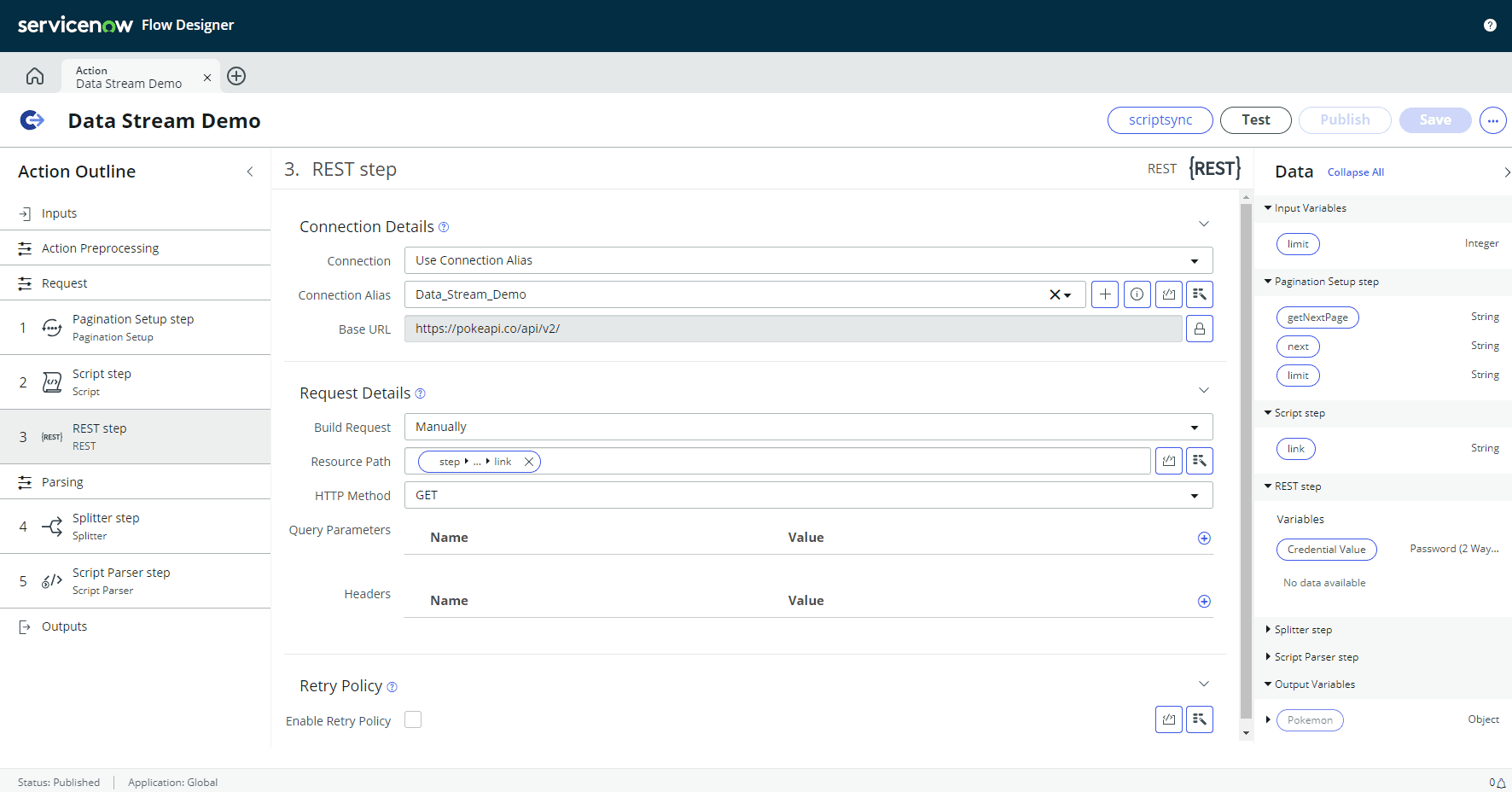 Data Stream as a Flow action in ServiceNow